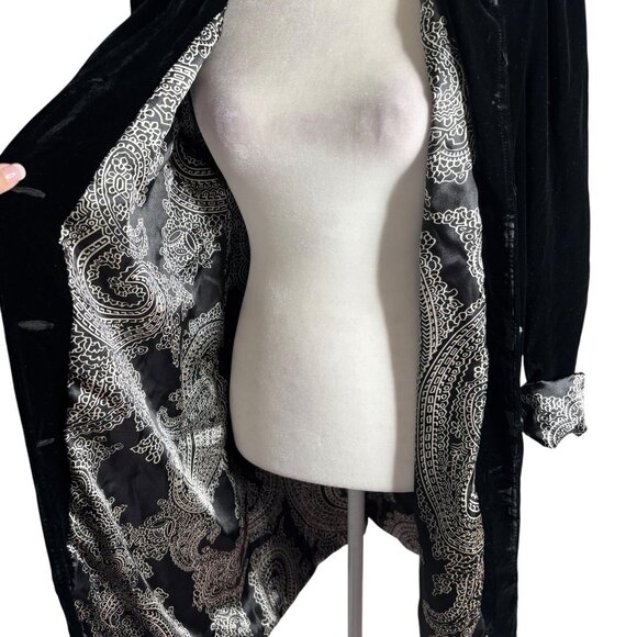 Lily Black Silk Velour Velvet Button Up Duster Coat Medium Floral Lined Pockets - Picture 7 of 8